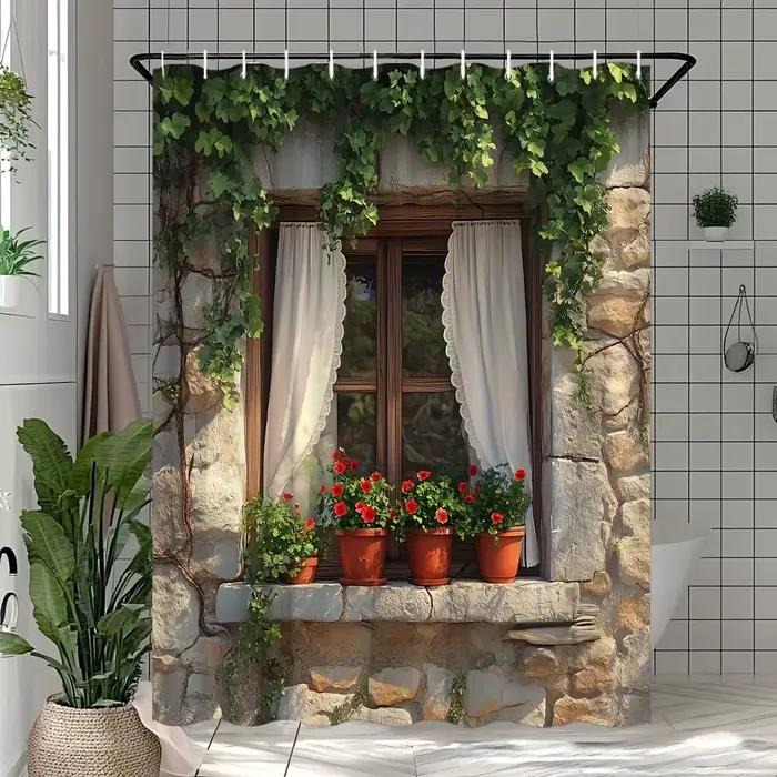 Apportez la nature à l'intérieur avec ce rideau de douche étanche avec une scène de fenêtre rustique