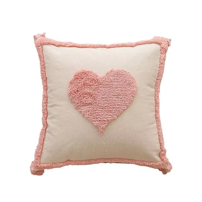 Housse de coussin capitonnée en coton rose avec glands, taie d'oreiller décorative douce pour canapé