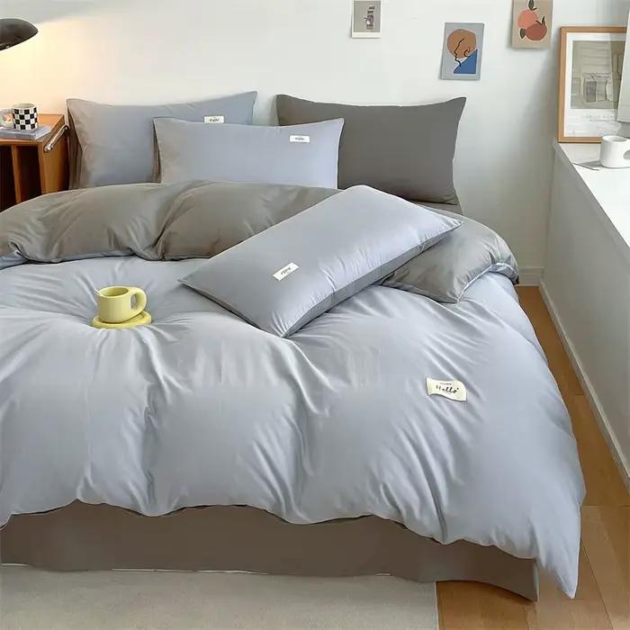 Parure de lit trois pièces confortable de couleur unie, ensemble quatre pièces bleu clair