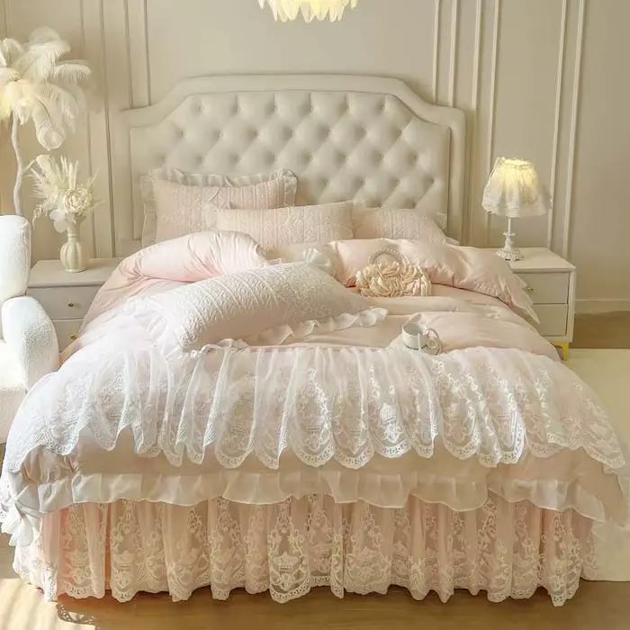 Parure de lit 4/6 pièces style coréen broderie dentelle Princesse Rose pour mariage, housse de couet