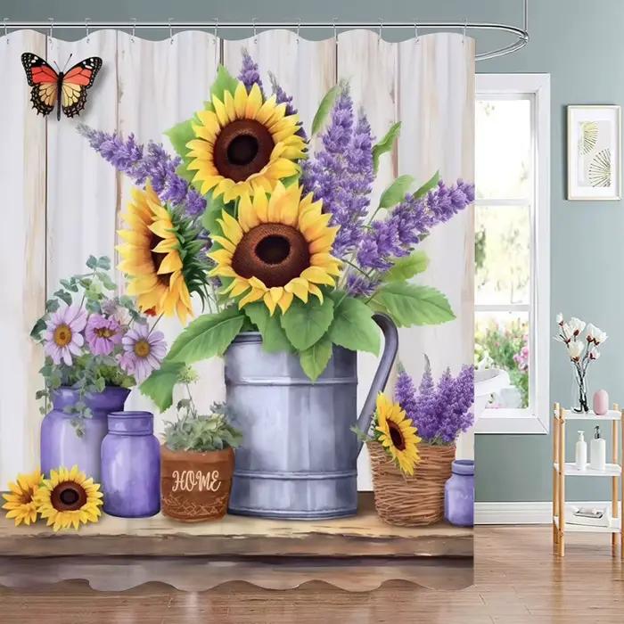 Rideau de douche floral en tissu polyester, motif aquarelle fleurs, oiseaux, papillons et plantes, a