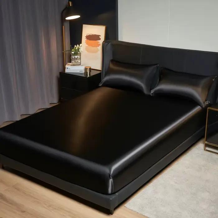 Kuup 100% Polyester 3 pièces surface satinée literie drap-housse et taies d'oreiller ensemble bande 