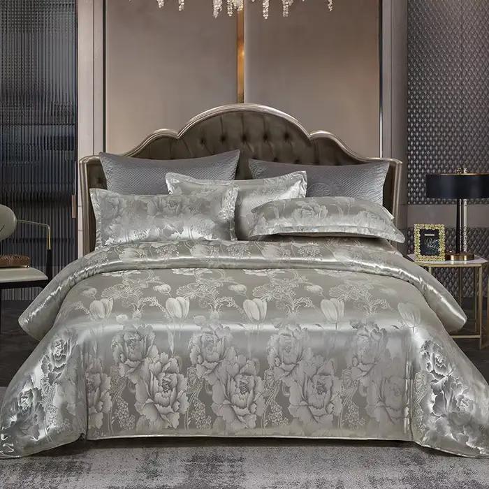 Ensemble de literie de luxe européen gris, housse de couette, satin, rayonne, jacquard, jacquard, 22
