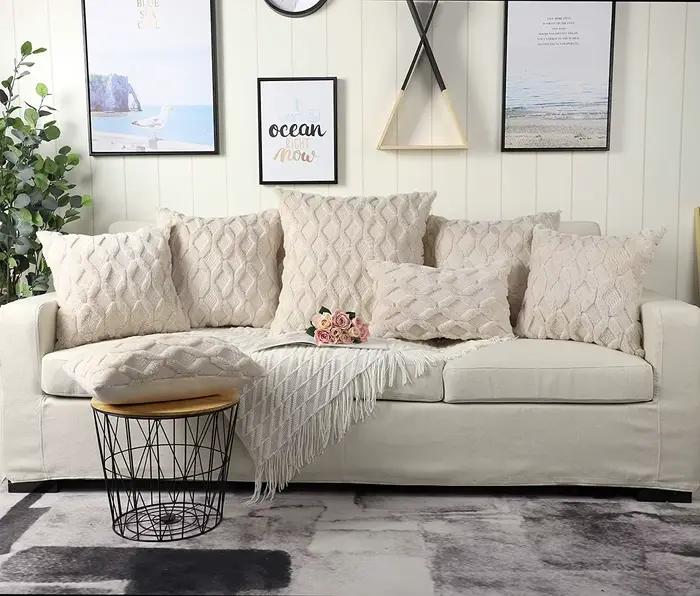Doux Peluche Laine Courte Velours Décoratif Housses de Coussin Luxe Style pour canapé Chambre Beige 