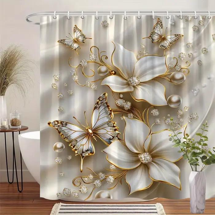 Rideau de douche floral – Fleurs en satin blanc, accents et papillons dorés, design élégant, polyest