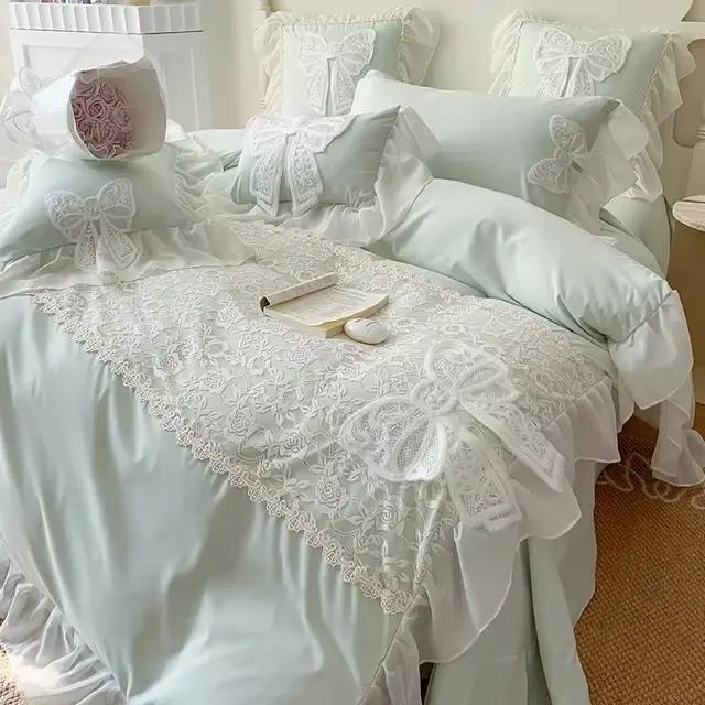 Parure de lit style princesse coréenne avec nœud en dentelle, couverture plissée, belle bordure, pou