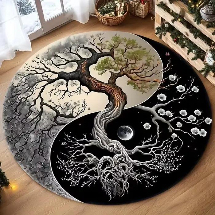 Tapis ronds à motif d'arbre de vie créatif rétro, tapis pour salon, chambre à coucher et cuisine, dé