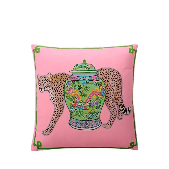Housse de coussin Tigre inspirée de la chinoiserie preppy, motif guépard avec pot à gingembre, taie 