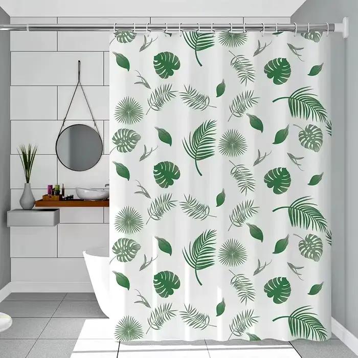 Rideau de douche simple motif feuilles vertes, séchage rapide, lavable, semi-opaque, pour salle de b
