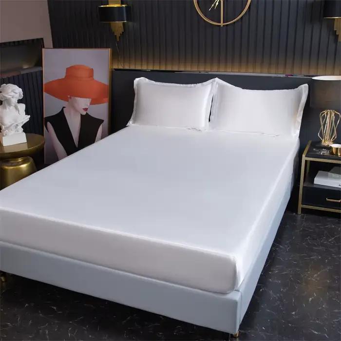 Drap-housse de luxe en Satin, housse de matelas haut de gamme de couleur unie avec bande élastique, 