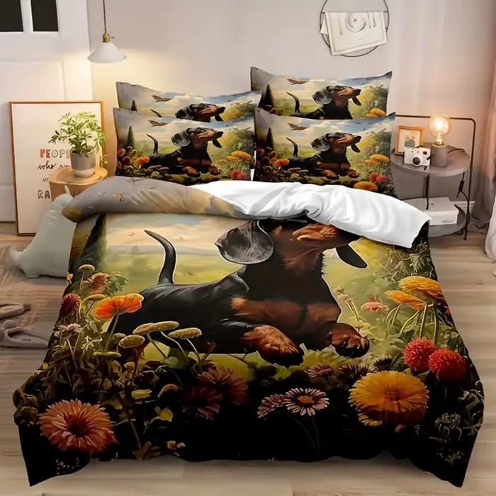 Parure de lit teckel de dessin animé, housse de couette imprimée en 3D, housse de couette double et 