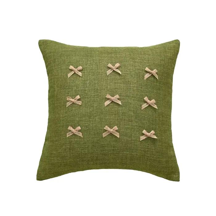 Housse de coussin brodée motif chat vert, avec nœud floral et volants, pour canapé et lit, décoratio