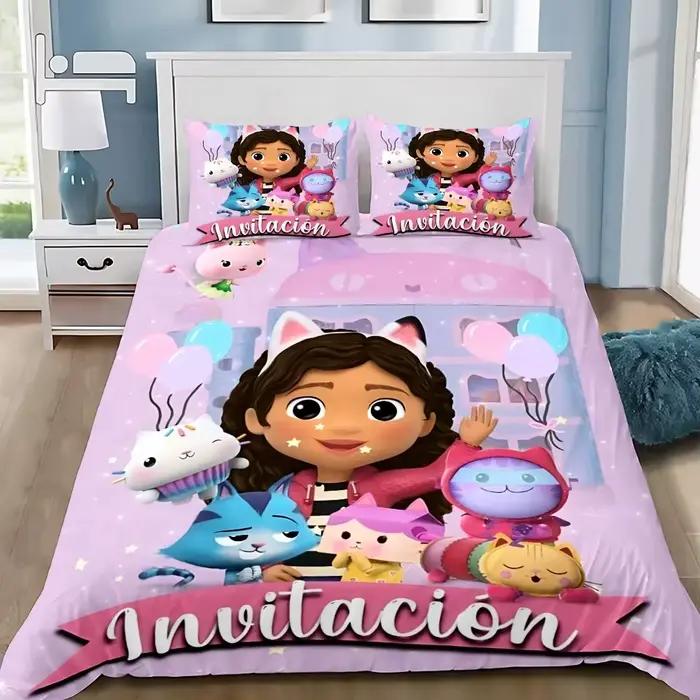 Parure de lit dessin animé Gabby's Dollhouse – Housse de couette et taies d'oreiller pour chambre d'