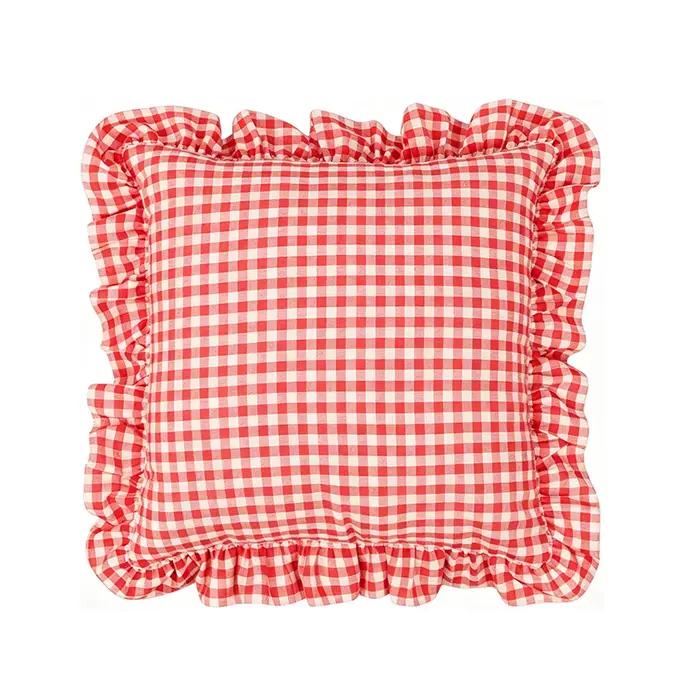 Housse de coussin à carreaux rouges et blancs avec bord festonné, housse de coussin carrée en coton 