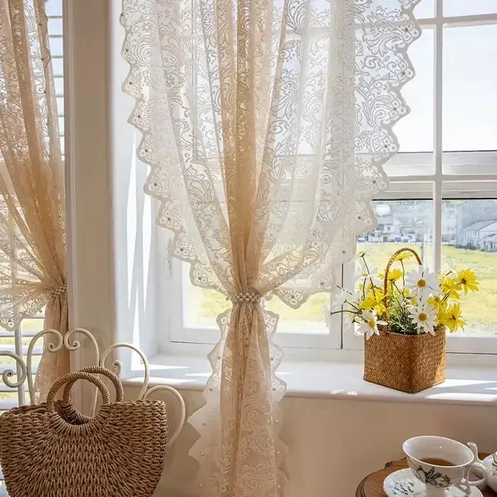 Voilage en dentelle beige perlée de style français, rideau décoratif de style princesse, rideau à tr