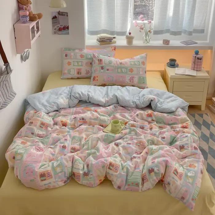 Parure de lit 100% coton, ensemble de housse de couette avec animaux mignons, linge de lit, draps pl
