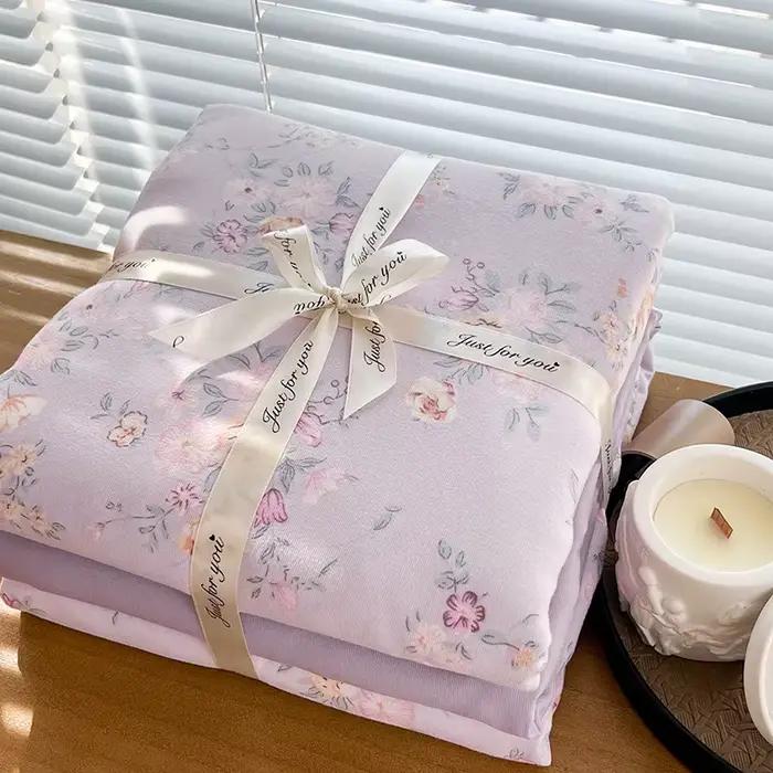 Parure de lit tricotée en coton imprimé floral Ins, ensemble de draps plats, housse de couette quatr