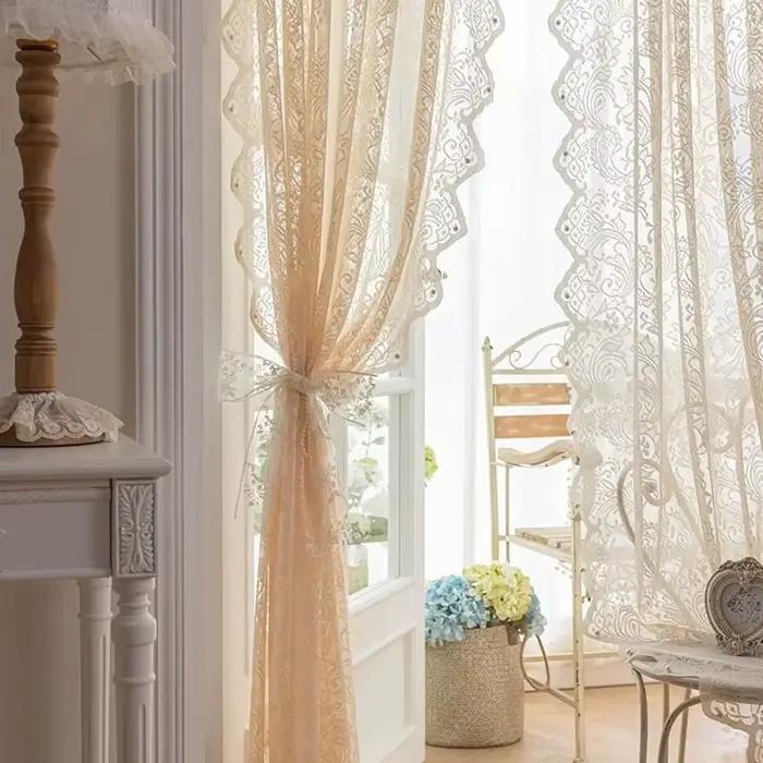 Voilage en dentelle beige perlée de style français, rideau décoratif de style princesse, rideau à tr