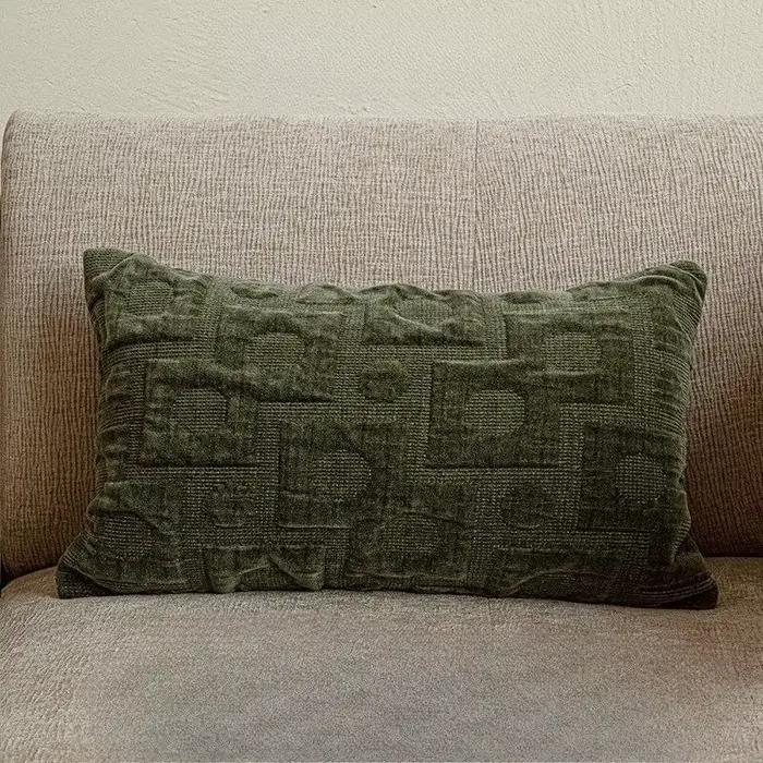 Housse de coussin lombaire de luxe vintage vert, en cuir jacquard texturé moderne, patchwork, pour c
