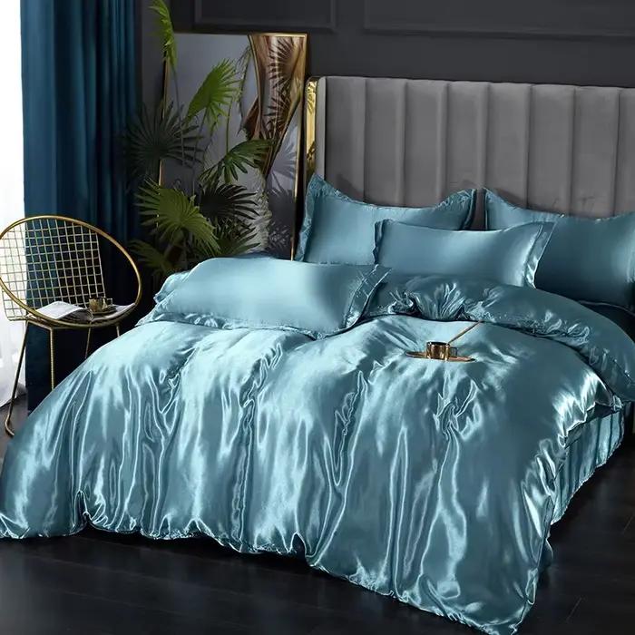 Parure de lit en soie avec housse de couette, drap et taie d'oreiller, drap de luxe en Satin, couleu