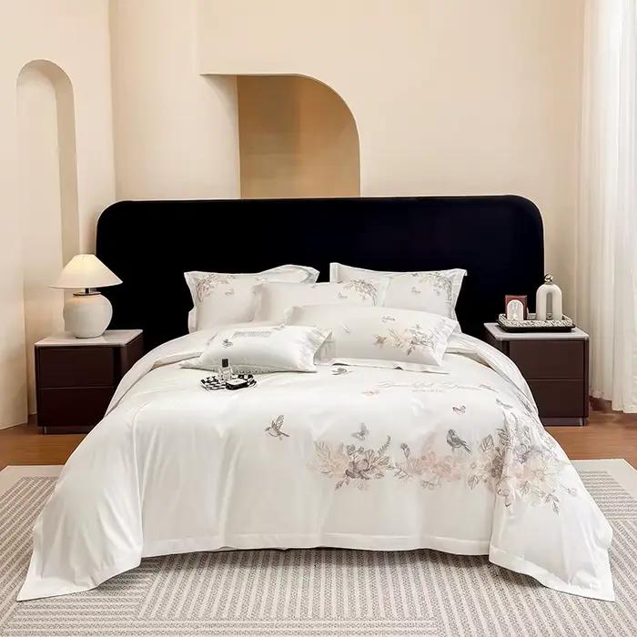 Parure de lit de luxe en coton égyptien 600TC avec broderie florale et oiseaux, housse de couette et