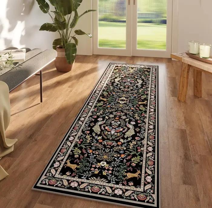 Tapis Long à fleurs noir élégant, tapis de sol antidérapant, motif Vintage, pour salle de bain, coul
