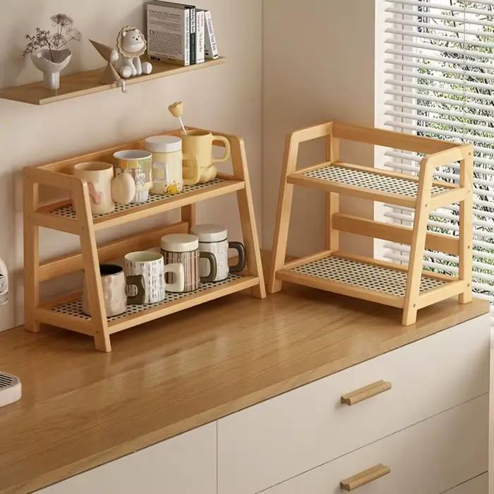 Étagère de rangement en bois pour cuisine, organisateur de bureau en rotin, présentoir à épices pour