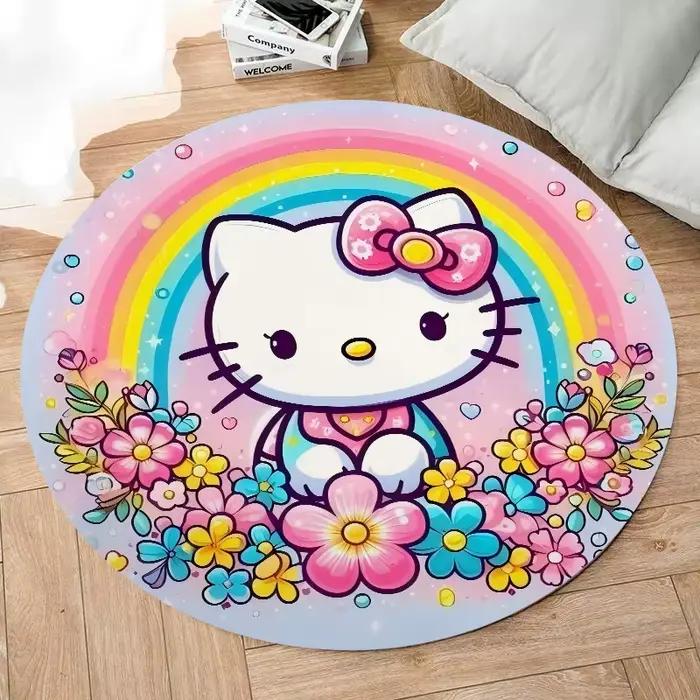 Tapis rond rose Hello Kitty mignon, tapis de sol circulaire floral arc-en-ciel Kawaii, tapis esthéti