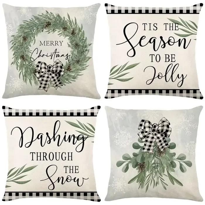 Housse de coussin en lin joyeux noël