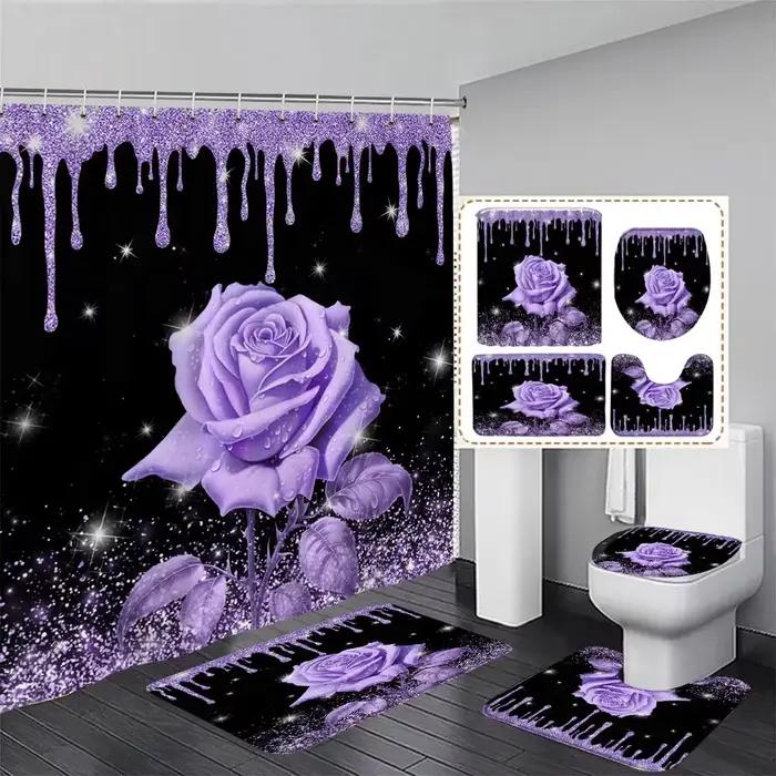 Rideau de douche et tapis à paillettes roses