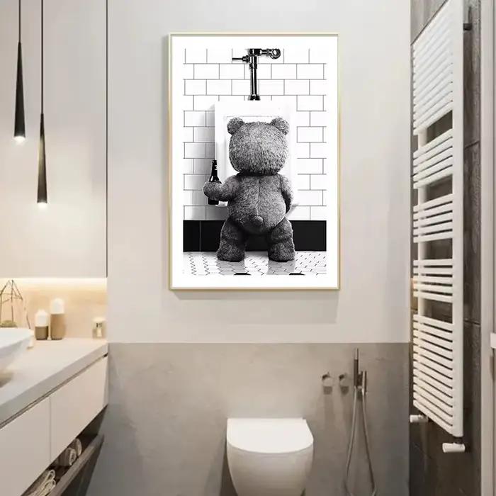 Affiche de décoration de salle de bains ours mignon noir et blanc