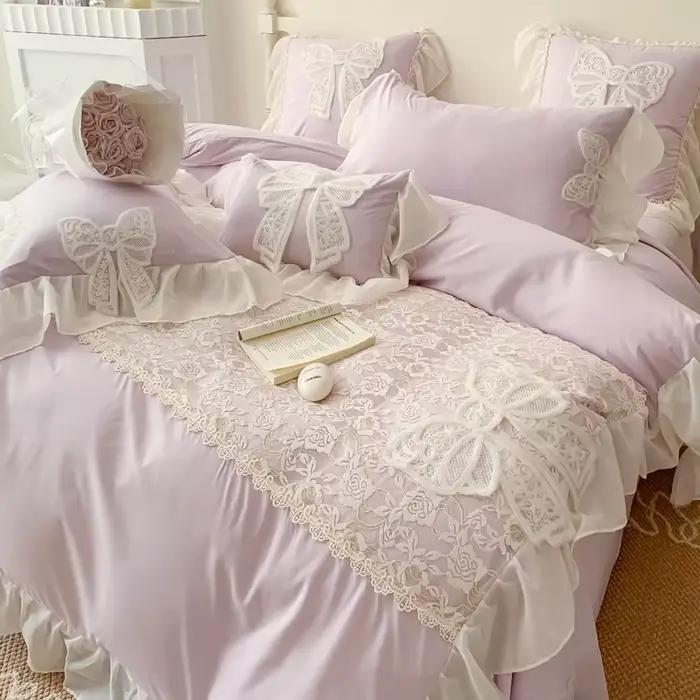 Parure de lit style princesse coréenne avec nœud en dentelle, couverture plissée, belle bordure, pour lit de maison, mariage, pour filles