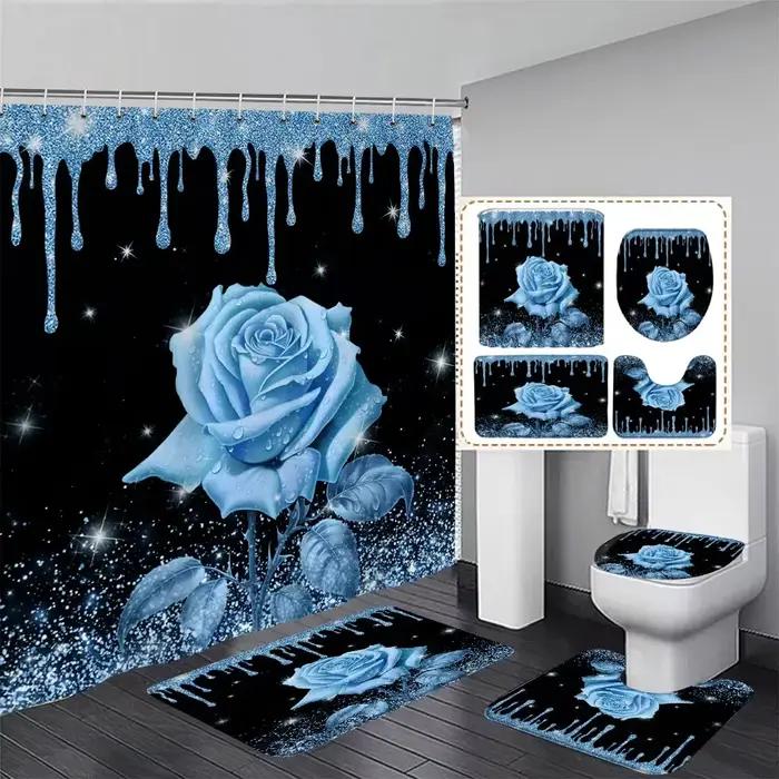 Rideau de douche et tapis à paillettes roses