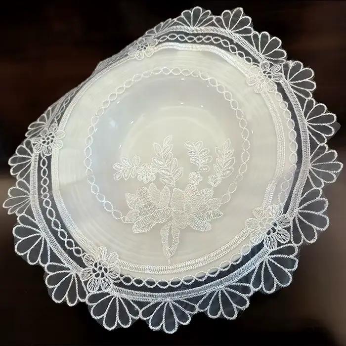Tapis de plateau européen transparent, broderie en dentelle, serviette de table, décoration d'hôtel, nappe blanche ronde, accent de décoration intérieure