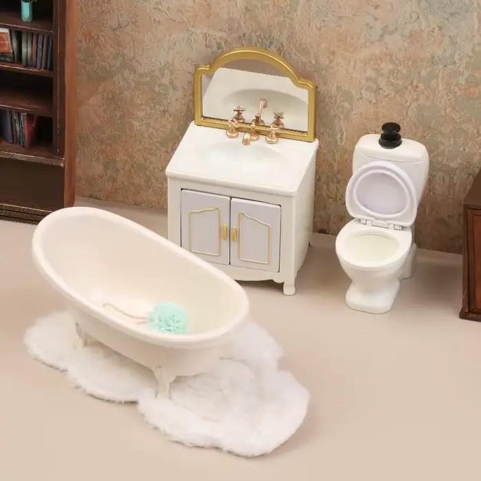 Modèle de meubles de salle de bain pour maison de poupée 1/12 : baignoire, toilettes, lavabo, armoire - Accessoires de décoration pour maison de poupée