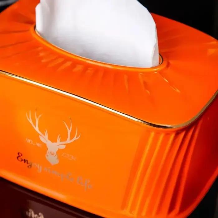 Boîte à mouchoirs en céramique Orange, Accents dorés, décoration de luxe pour la maison, Table basse, porte-serviettes, accessoire décoratif de salon