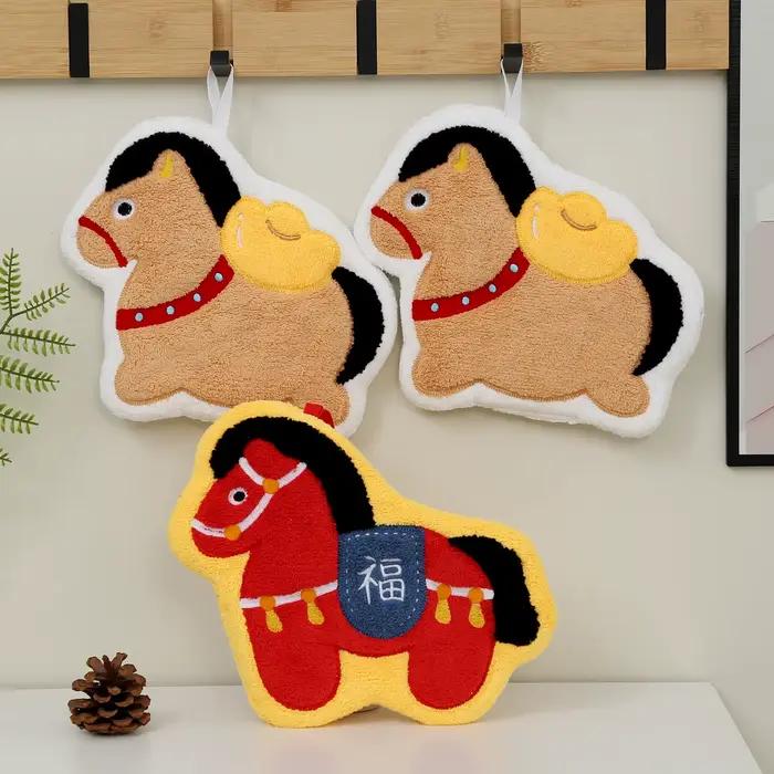 Dessin animé mignon nouvel an poney serviette corail polaire maison cuisine salle de bain lingettes cheval épaissi suspendus serviettes absorbantes