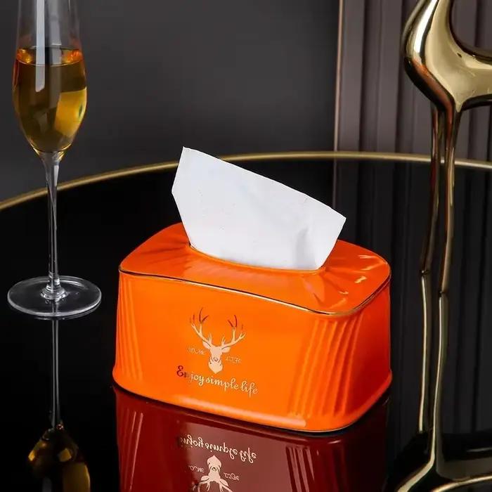 Boîte à mouchoirs en céramique Orange, Accents dorés, décoration de luxe pour la maison, Table basse, porte-serviettes, accessoire décoratif de salon