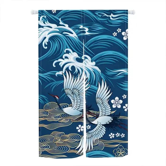 VIKAMA Motif de rideau de porte de style japonais : grue et vagues florales