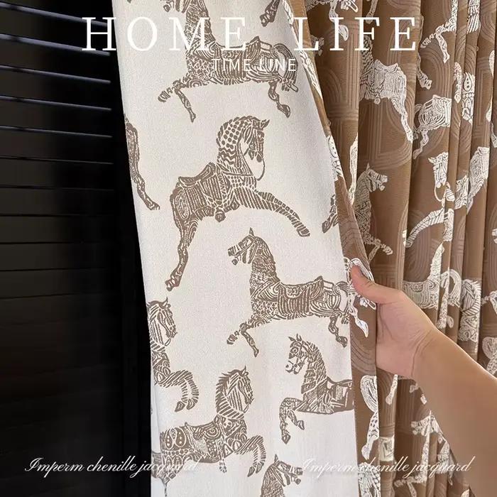 Rideaux Jacquard en Chenille Luxe Royal Chevaux pour Salon, Salle à Manger, Chambre à Coucher – Taille Personnalisée, Élégants et Occultants