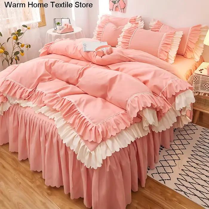 Parure de lit en dentelle rose à volants, ensemble de literie de luxe, jupe, drap, couvre-lit, housse de couette coréenne, couvre-lit princesse pour filles, taies d'oreiller