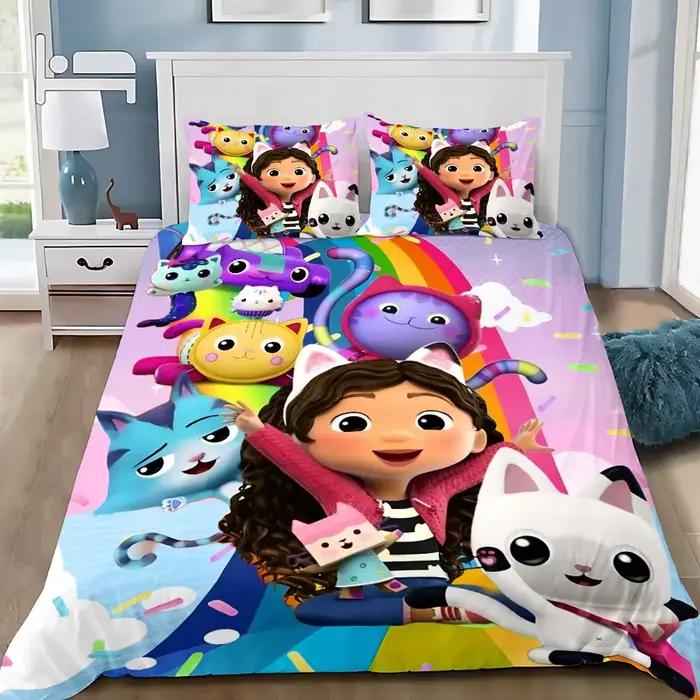 Parure de lit dessin animé Gabby's Dollhouse – Housse de couette et taies d'oreiller pour chambre d'enfant