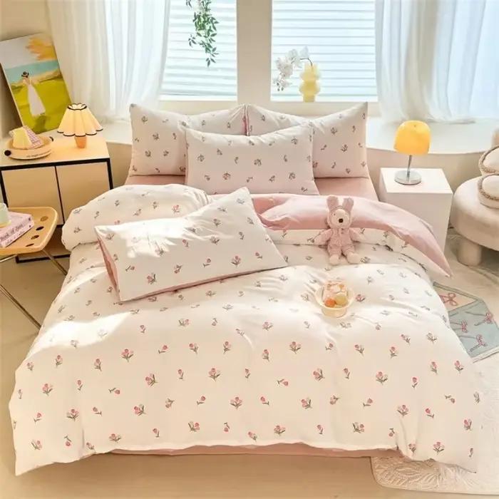 Parures de lit style floral en coton lavé doux pour lit simple/grand/king size