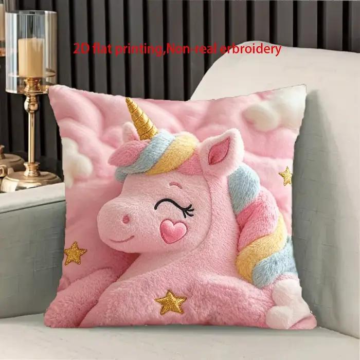 [Taie d'oreiller Licorne] Une jolie taie d'oreiller licorne avec une queue arc-en-ciel et des étoiles, avec un imprimé rose sur un côté.