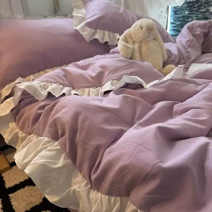Ins – ensemble de literie princesse rose avec volants, couleur unie, housse de couette douce pour filles et garçons, taie d'oreiller sans remplissage, drap de lit 3 ou 4 pièces