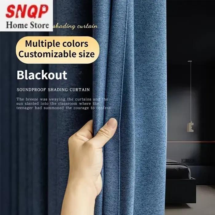 Rideaux occultants bleus en coton et lin double face sur mesure pour salon, chambre de luxe, hôtel, fenêtre et porte, style simple et tendance