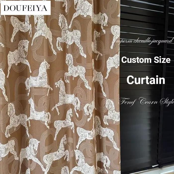 Rideaux Jacquard en Chenille Luxe Royal Chevaux pour Salon, Salle à Manger, Chambre à Coucher – Taille Personnalisée, Élégants et Occultants