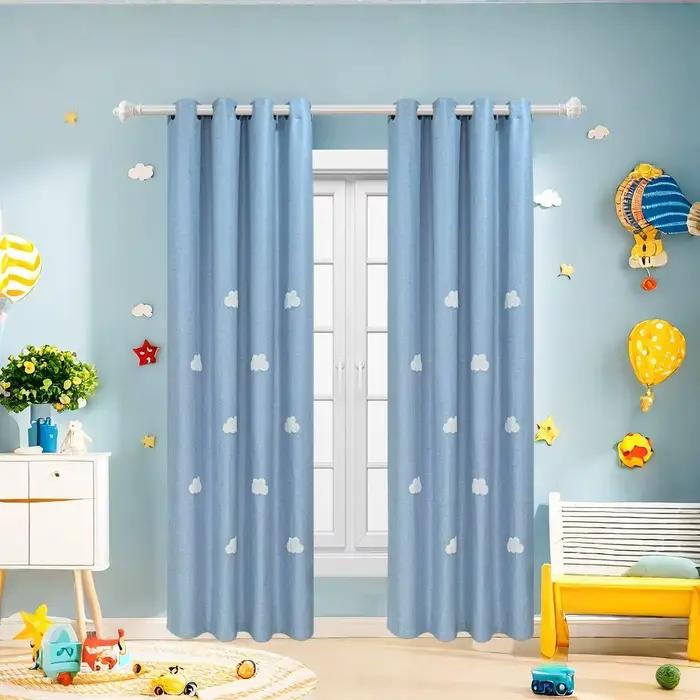 Rideaux pour enfants brodés de nuages 3D, pour l'obscurcissement de la pièce, isolation thermique, traitement de fenêtre occultant, rideaux de fenêtre supérieurs en œillets