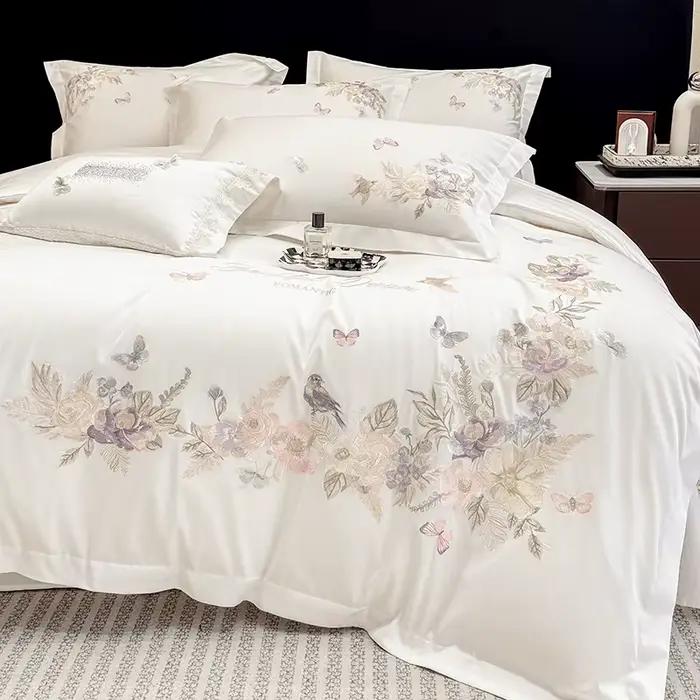 Parure de lit de luxe en coton égyptien 600TC avec broderie florale et oiseaux