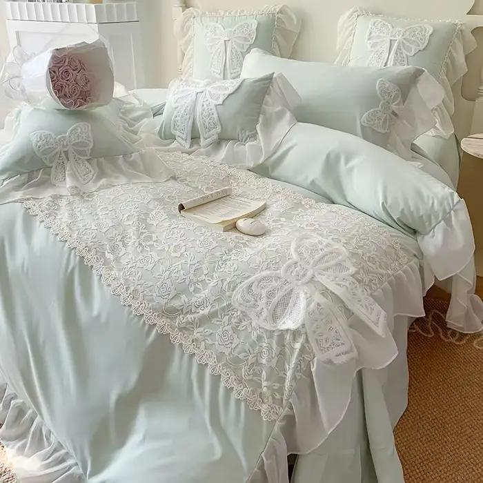 Parure de lit style princesse coréenne avec nœud en dentelle, couverture plissée, belle bordure, pour lit de maison, mariage, pour filles